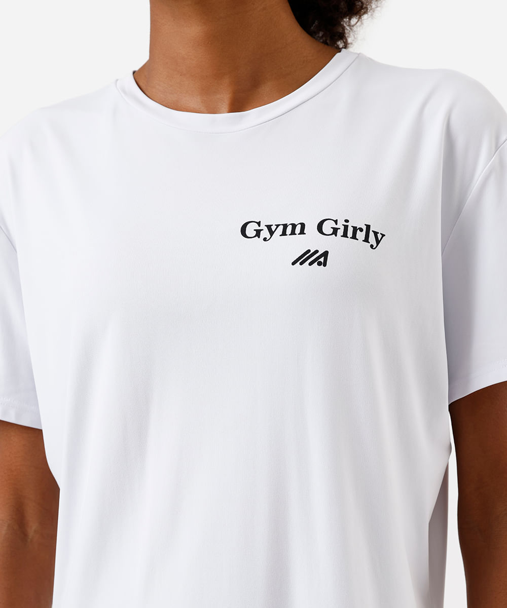 camiseta esportiva feminina de poliamida estampa oversized - branco