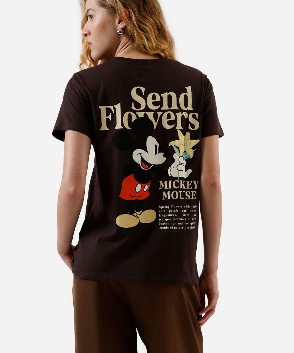 camiseta feminina de algodão mickey marrom
