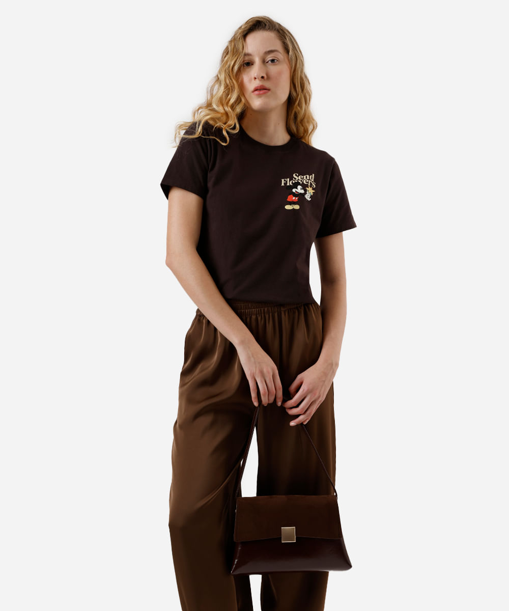 camiseta feminina de algodão mickey marrom