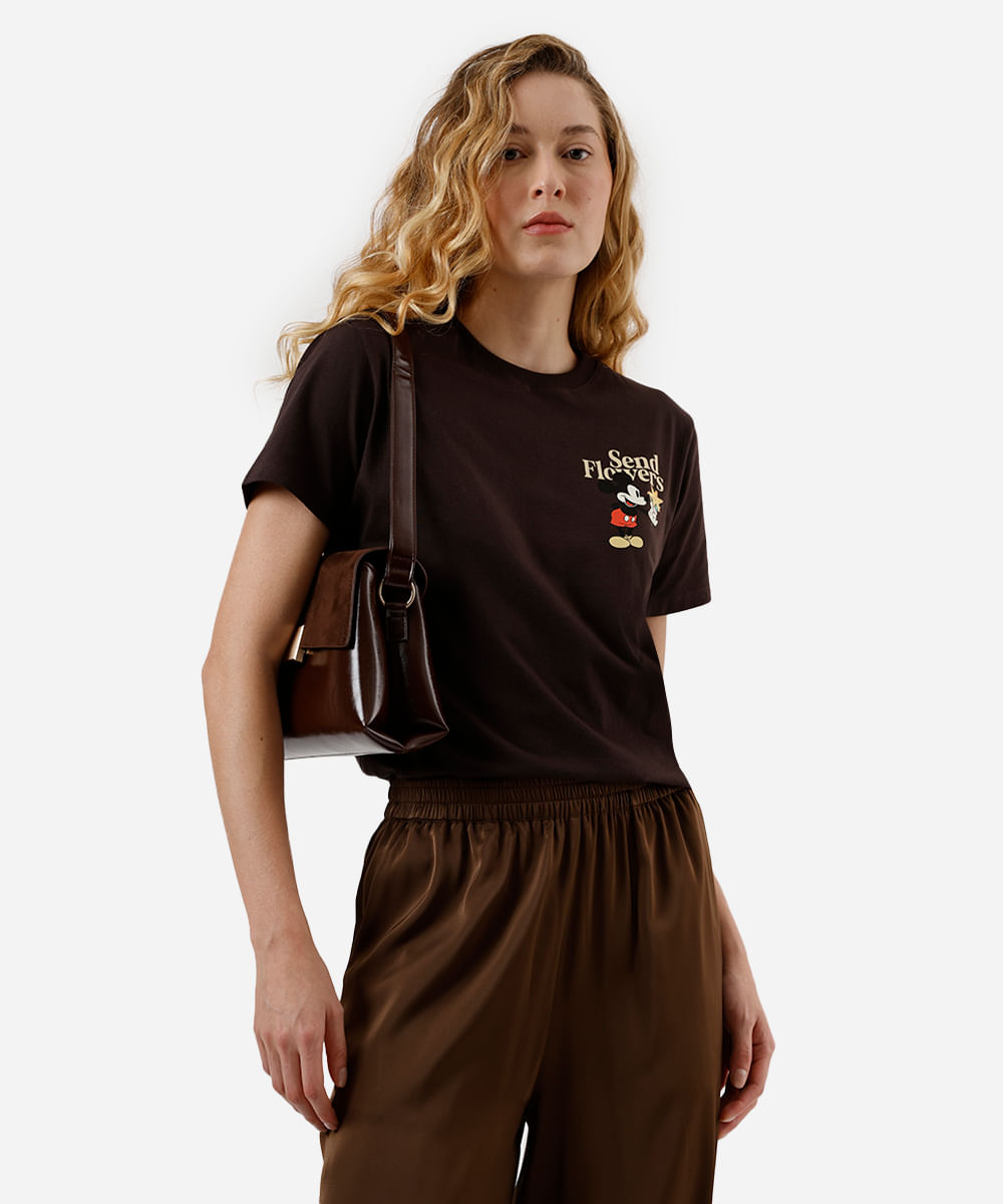 camiseta feminina de algodão mickey marrom