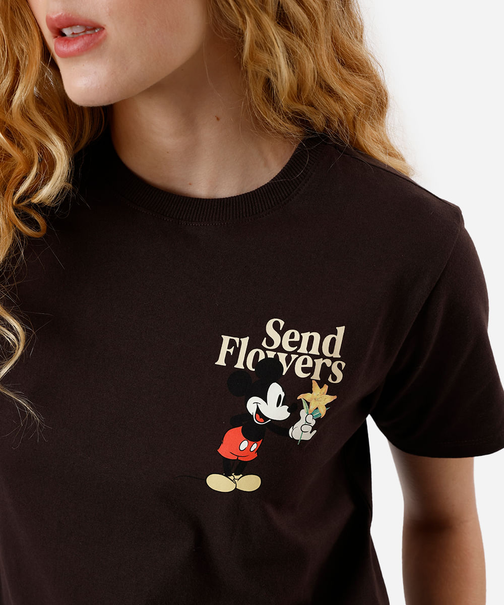 camiseta feminina de algodão mickey marrom