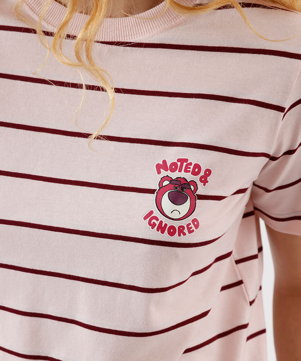 camiseta feminina com algodão lotso listrada rosa