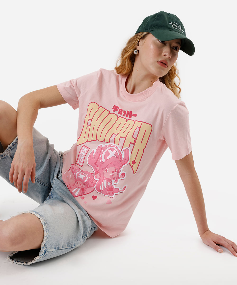 camiseta feminina de algodão one piece rosa