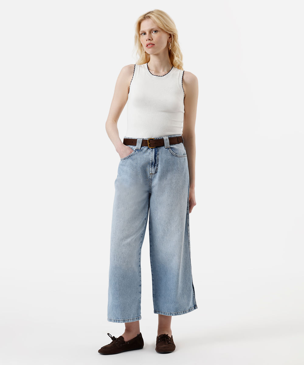 calça wide leg cropped feminina jeans cintura alta azul