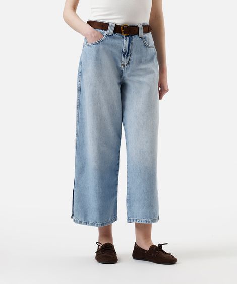 calça wide leg cropped feminina jeans cintura alta azul
