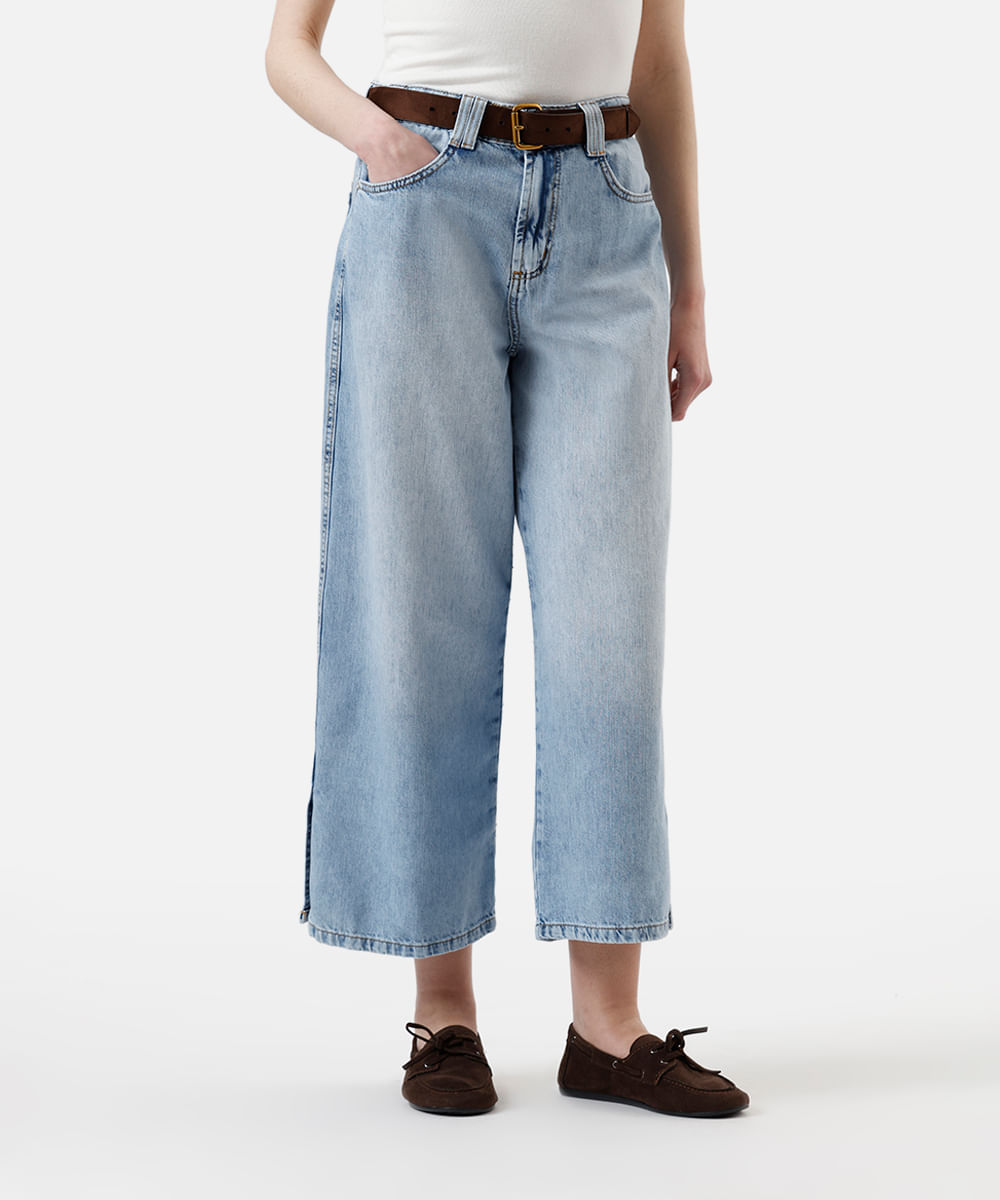 calça wide leg cropped feminina jeans cintura alta azul