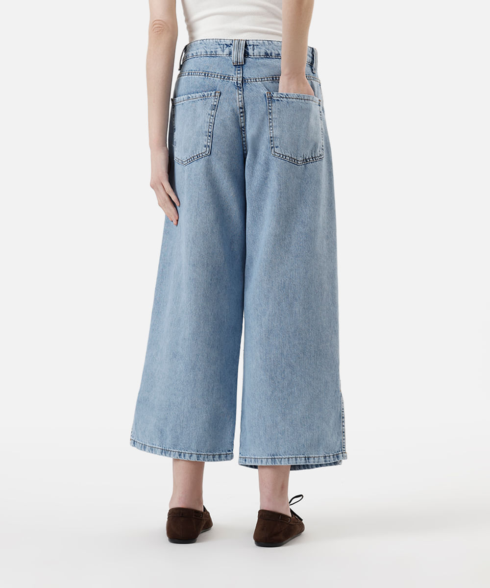 calça wide leg cropped feminina jeans cintura alta azul