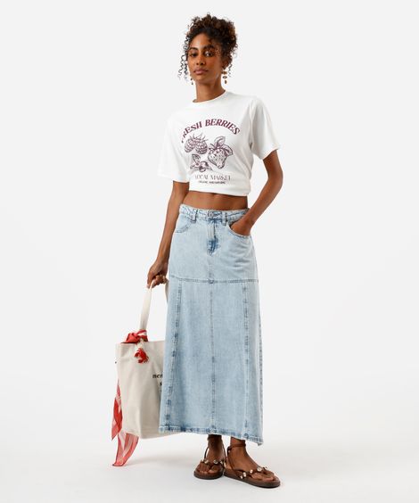 saia midi evasê feminina jeans com recorte cintura alta azul