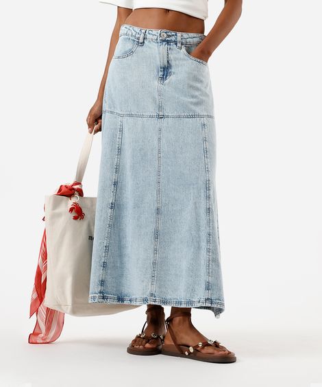 saia midi evasê feminina jeans com recorte cintura alta azul