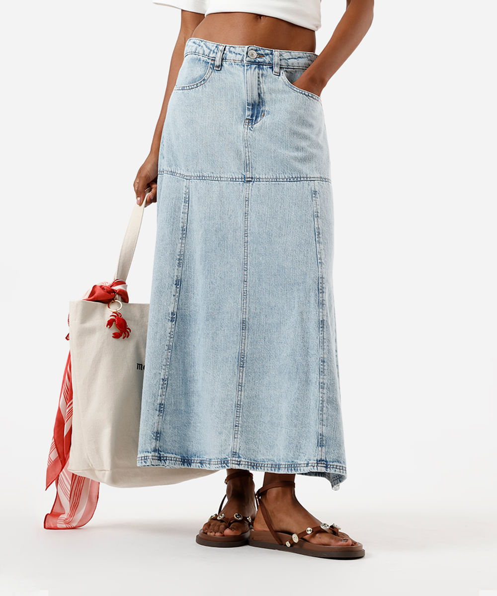 saia midi evasê feminina jeans com recorte cintura alta azul