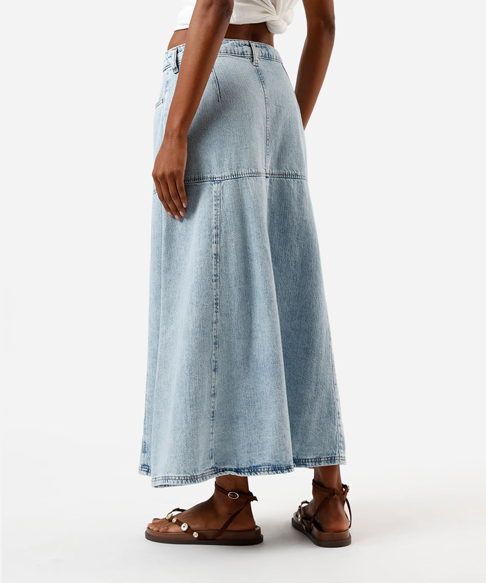 saia midi evasê feminina jeans com recorte cintura alta azul
