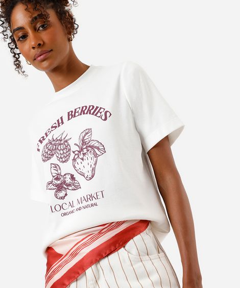 camiseta feminina manga curta estampada  off white