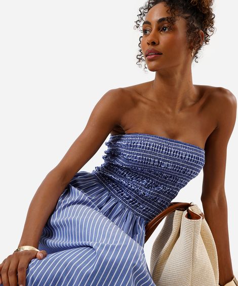 vestido midi feminino sem alça com lastex listrado azul