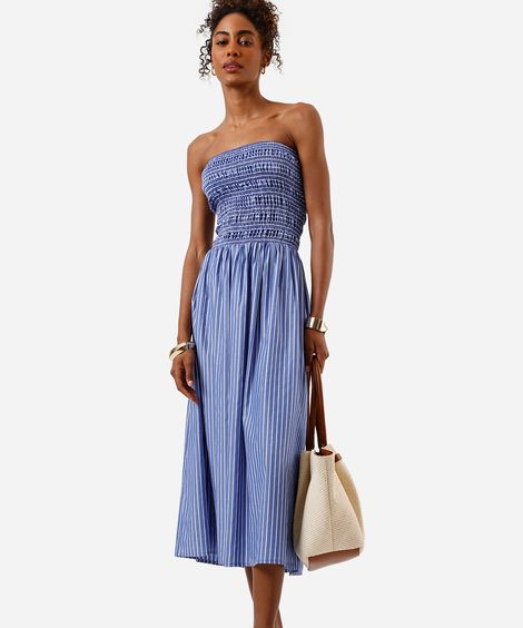 vestido midi feminino sem alça com lastex listrado azul