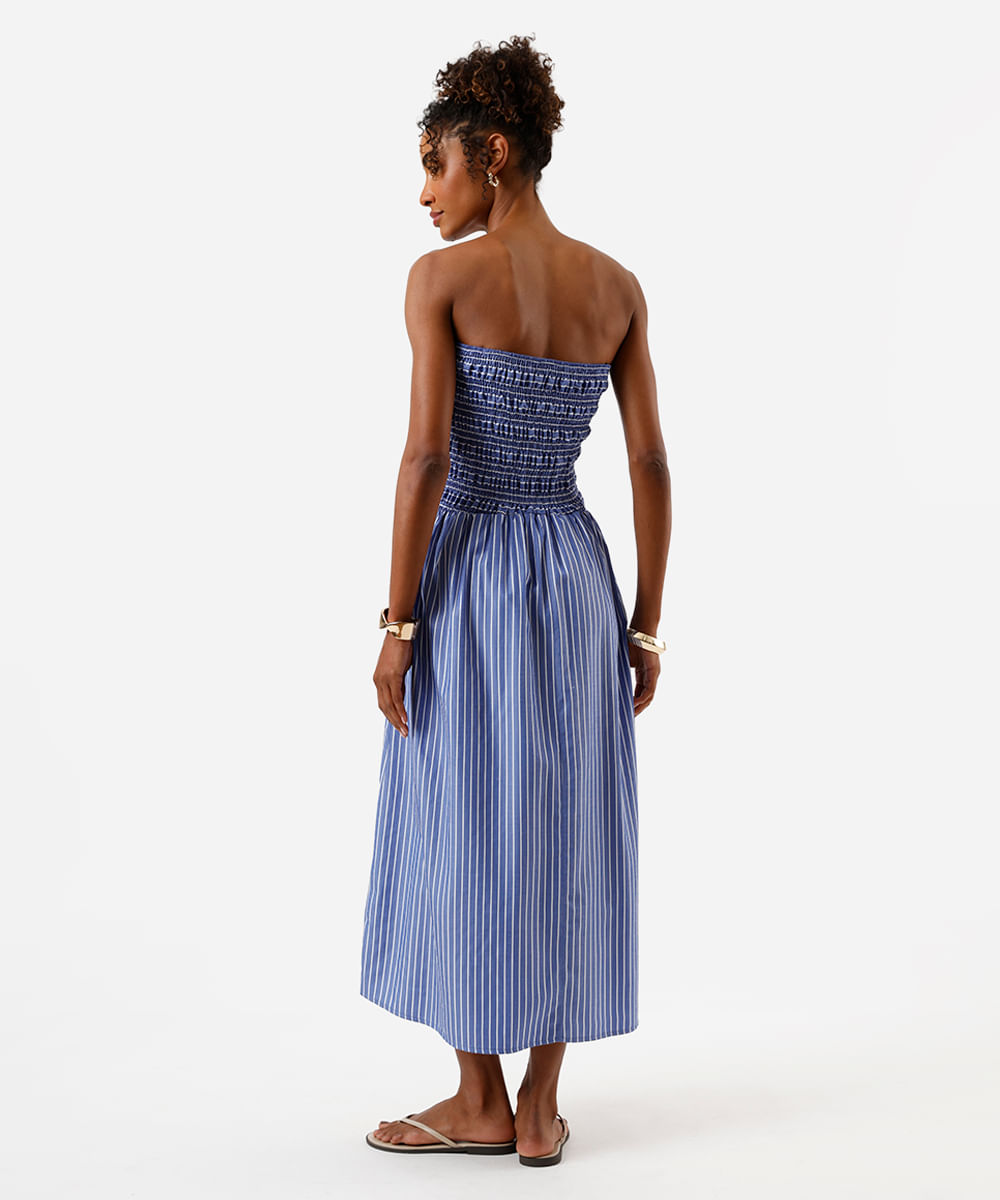 vestido midi feminino sem alça com lastex listrado azul