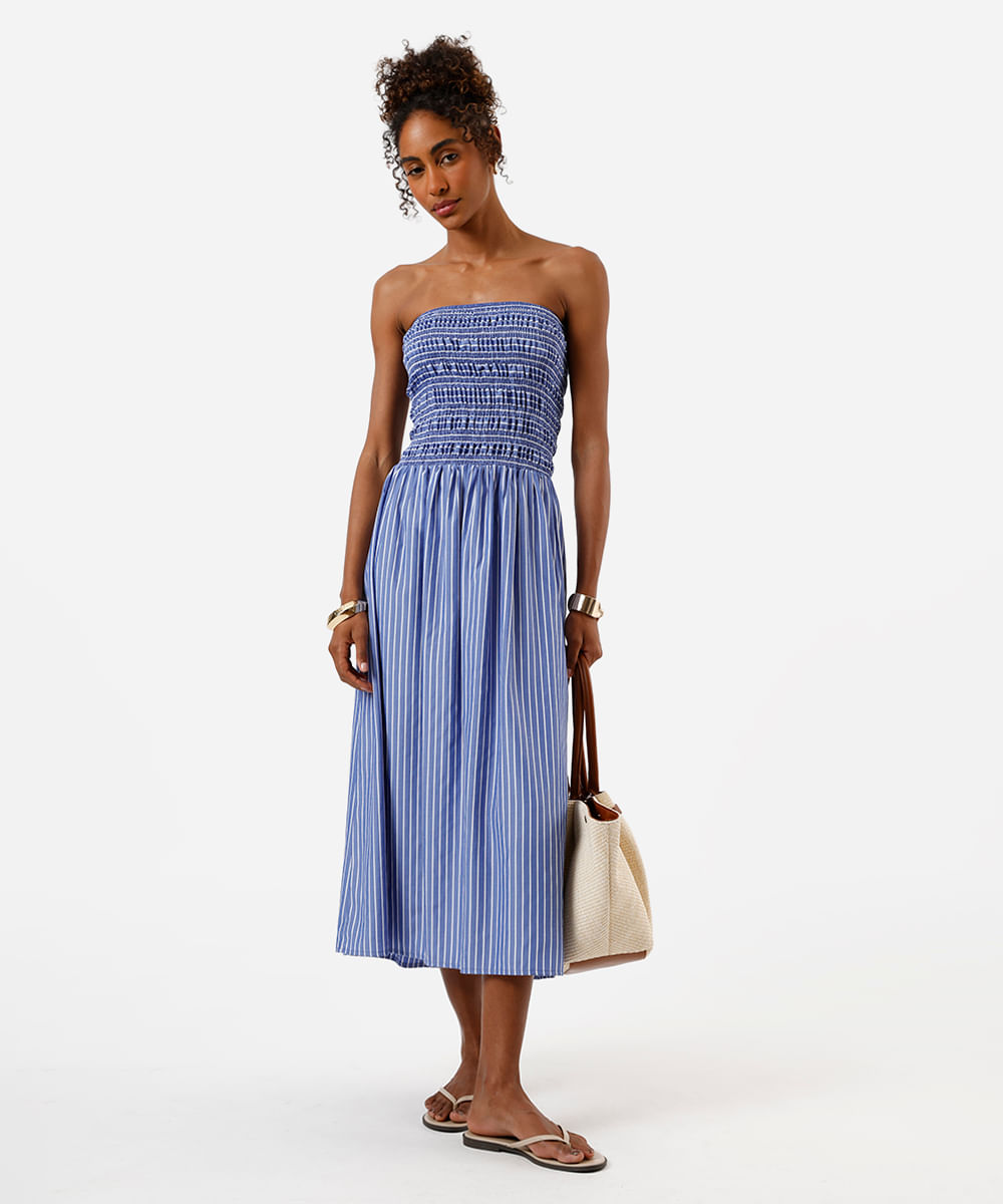 vestido midi feminino sem alça com lastex listrado azul