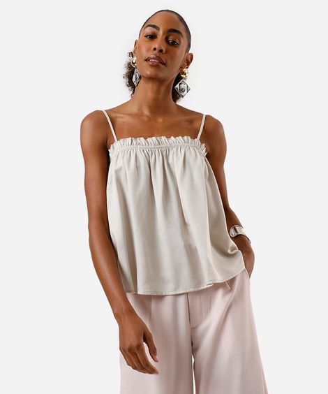 blusa feminina franzida alça fina acetinada bege