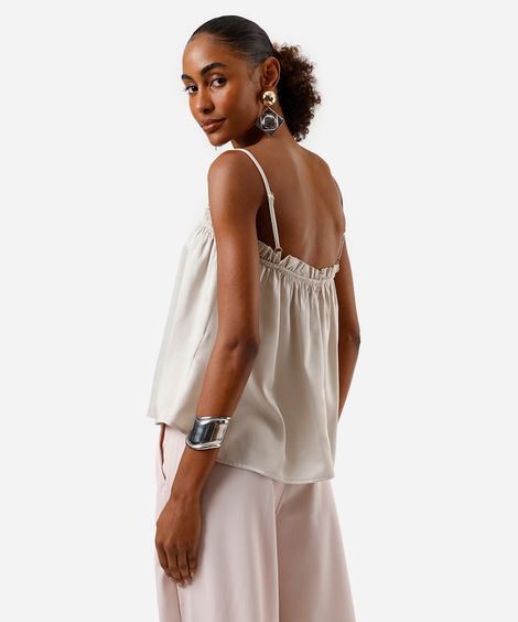 blusa feminina franzida alça fina acetinada bege
