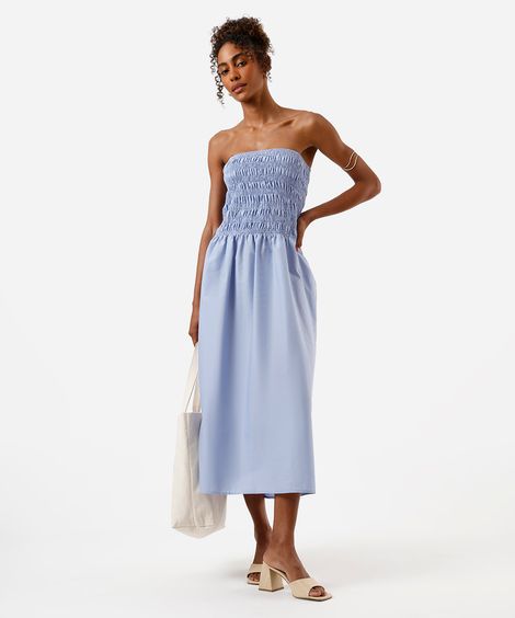 vestido midi feminino de algodão sem alça franzido azul
