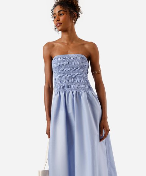 vestido midi feminino de algodão sem alça franzido azul