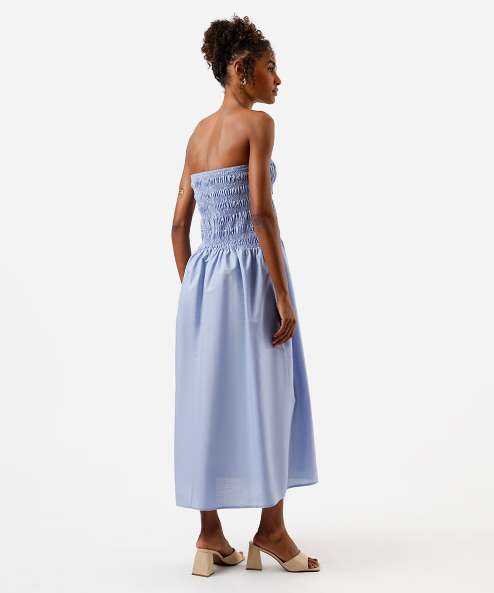 vestido midi feminino de algodão sem alça franzido azul