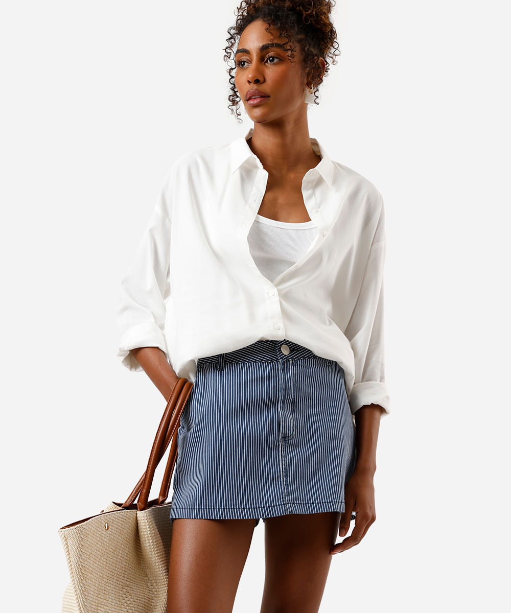 short saia feminino de sarja listrado azul