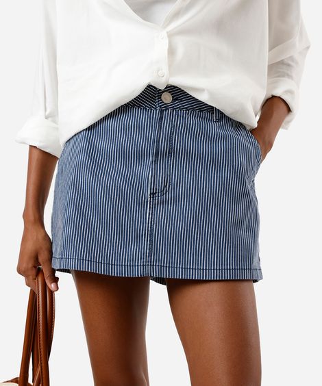 short saia feminino de sarja listrado azul