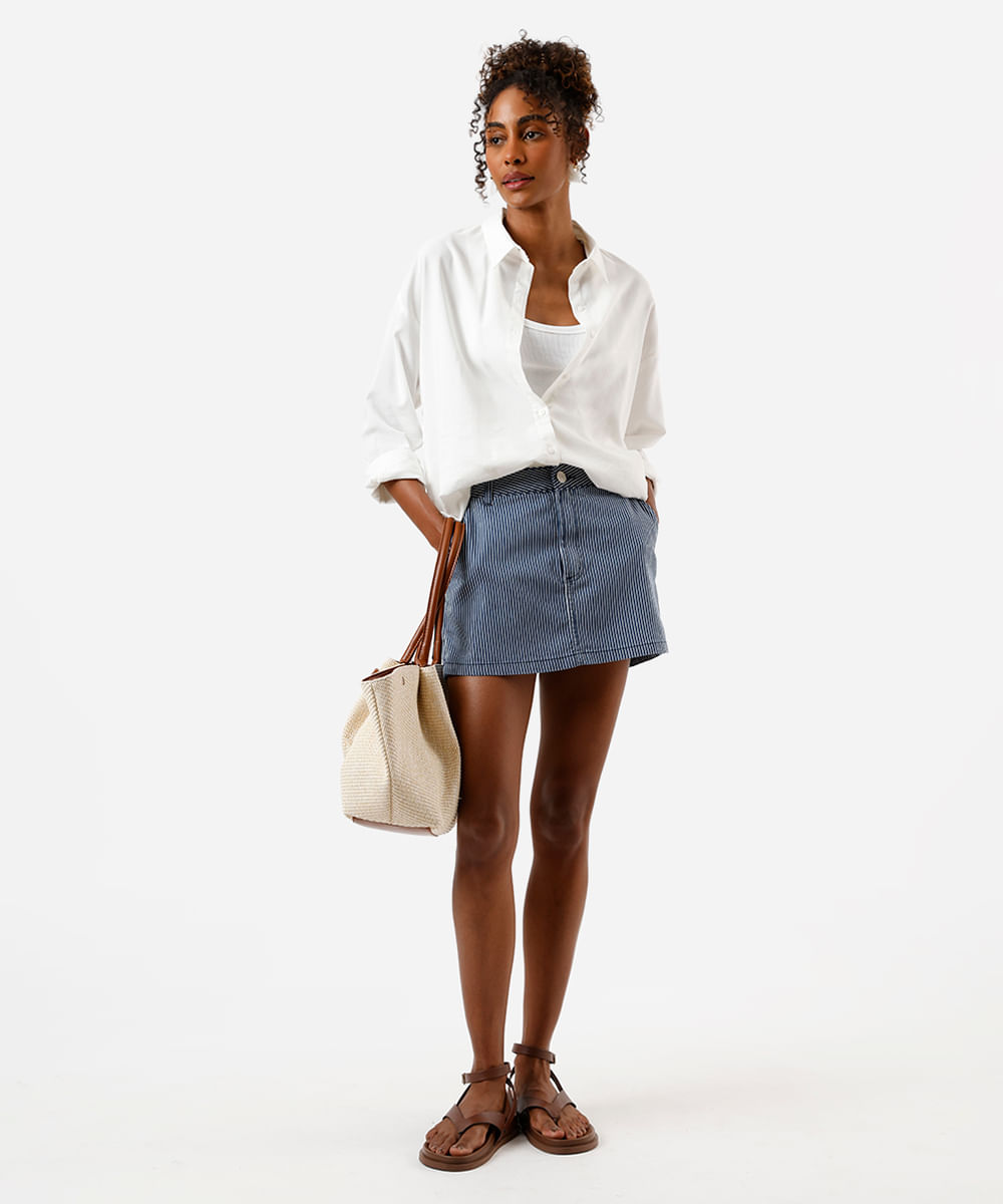 short saia feminino de sarja listrado azul