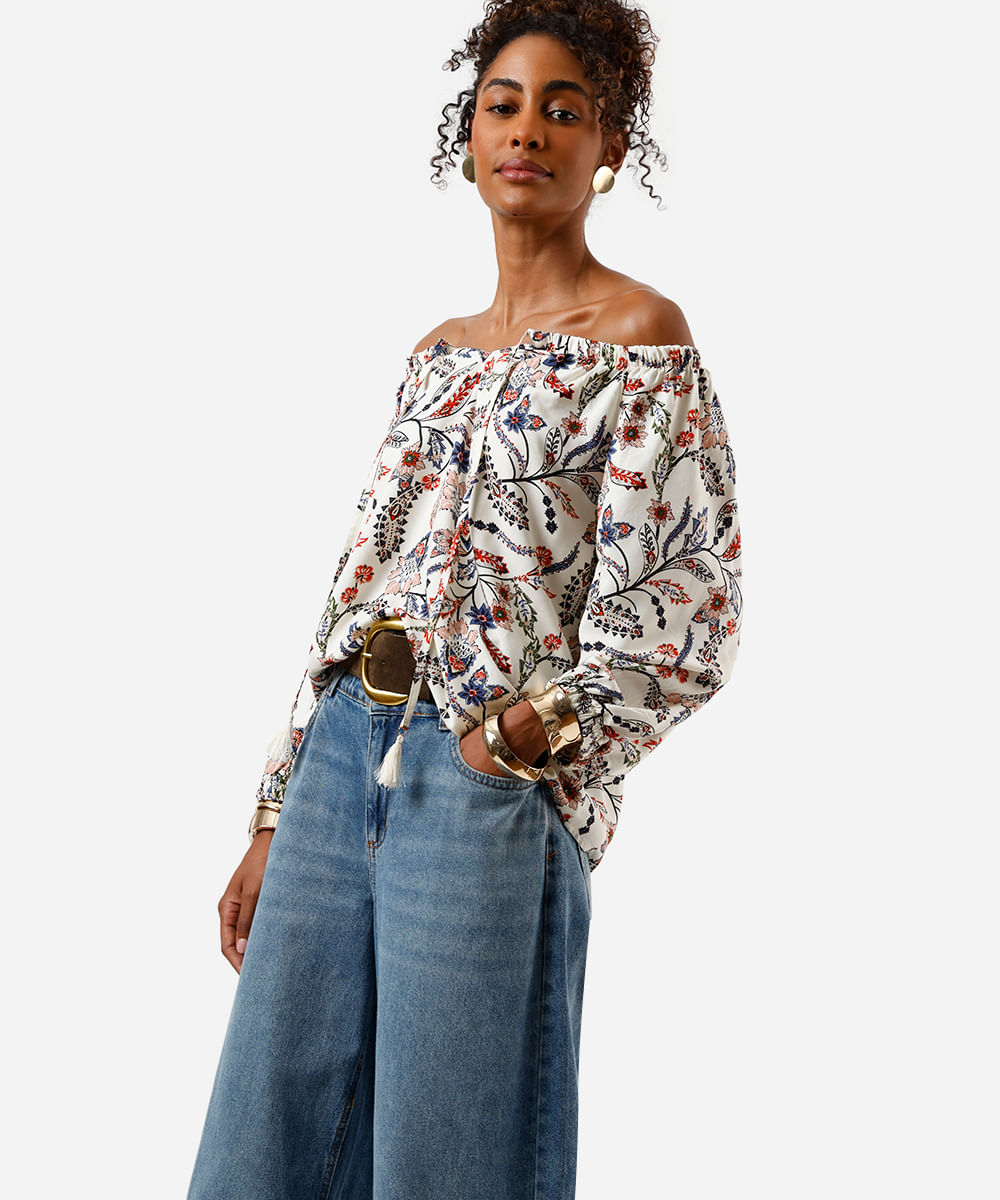 bata ombro a ombro feminina de viscose floral bege