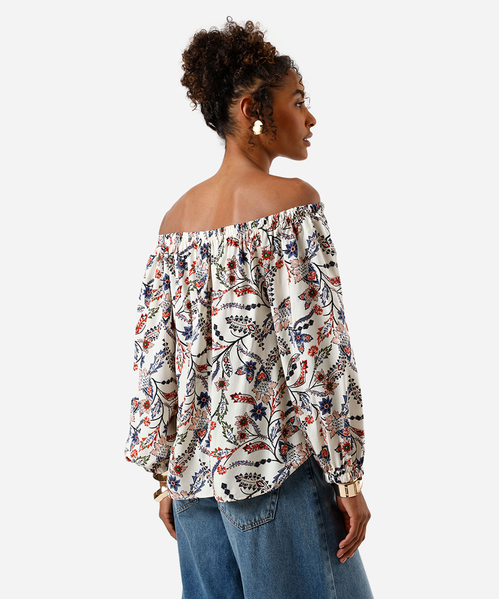 bata ombro a ombro feminina de viscose floral bege