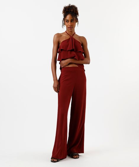 calça reta feminina texturizada vinho