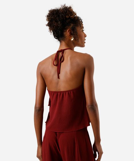 blusa frente única feminina com babados texturizada vinho
