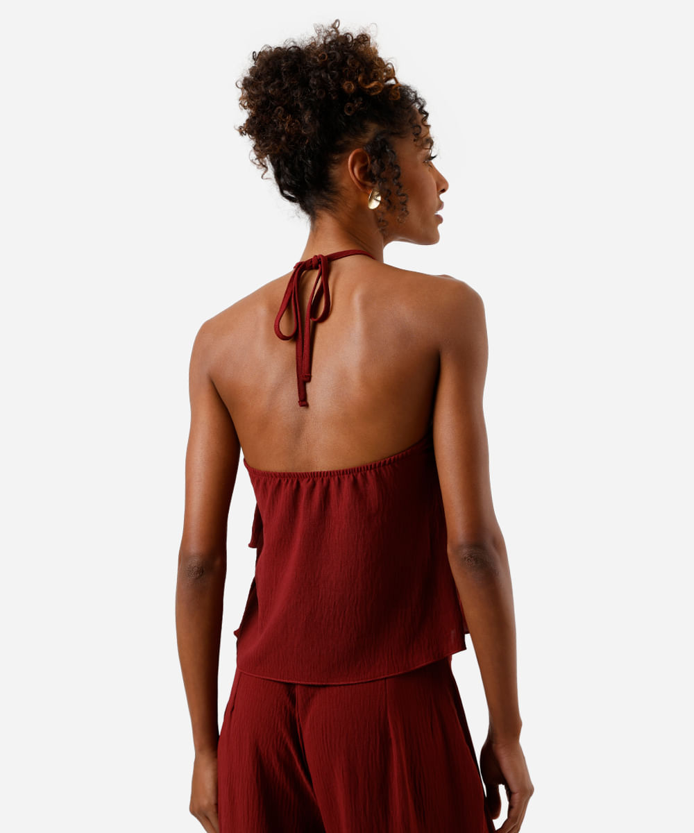 blusa frente única feminina com babados texturizada vinho