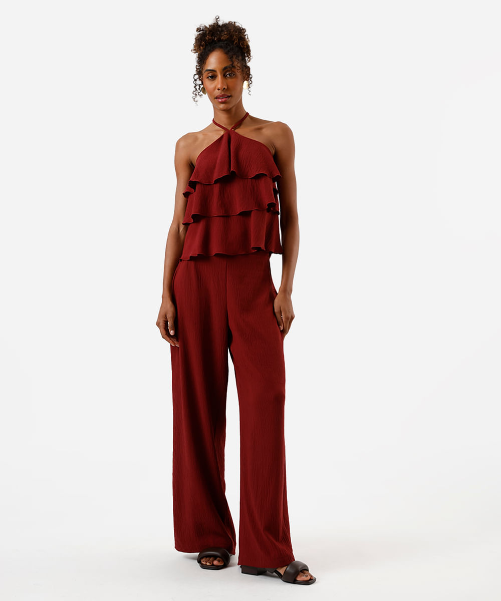 blusa frente única feminina com babados texturizada vinho