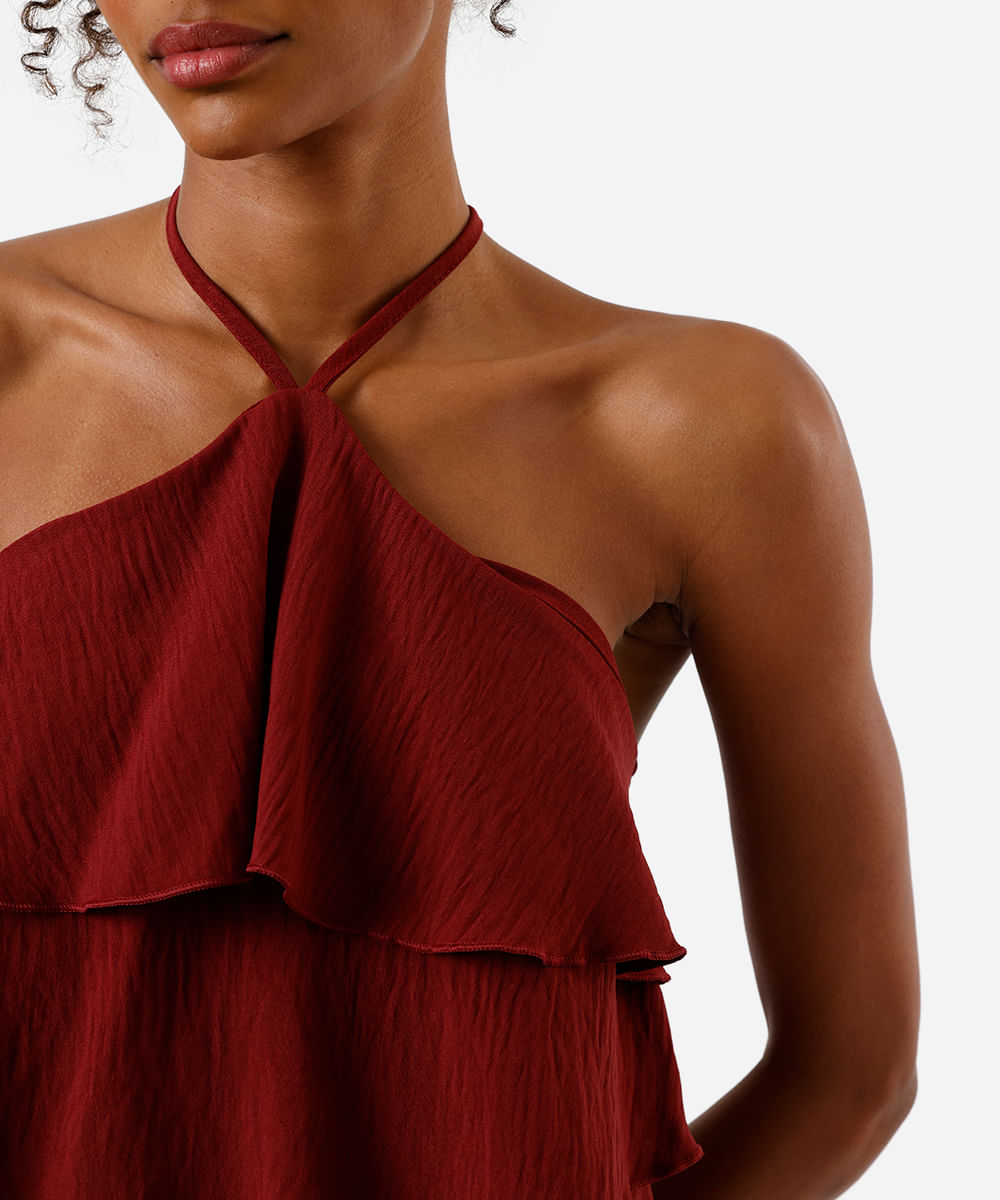 blusa frente única feminina com babados texturizada vinho
