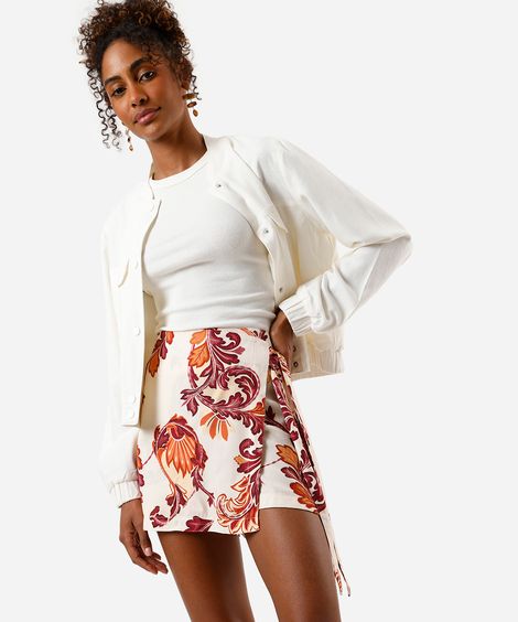 short saia feminino de viscose com amarração arabescos amarelo