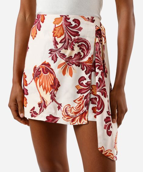 short saia feminino de viscose com amarração arabescos amarelo