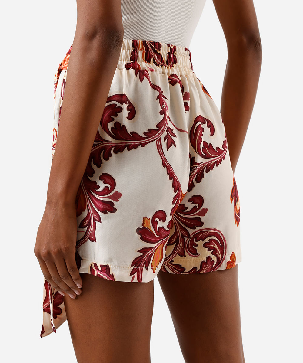short saia feminino de viscose com amarração arabescos amarelo