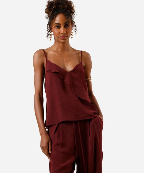 blusa feminina alça fina texturizada com babado vinho