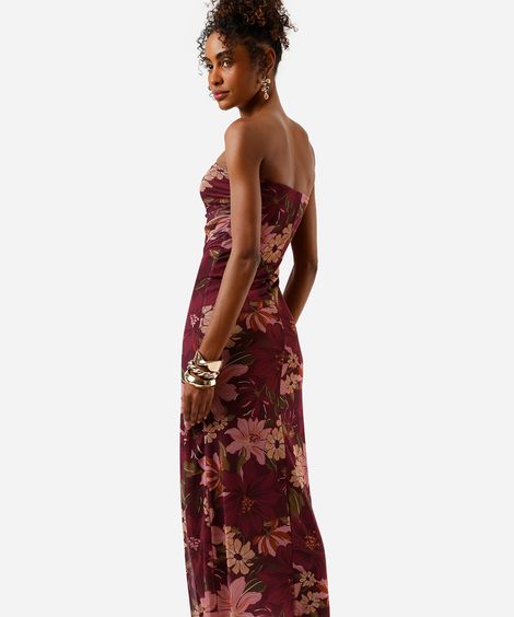 vestido midi feminino de tule sem alça floral franzido vinho