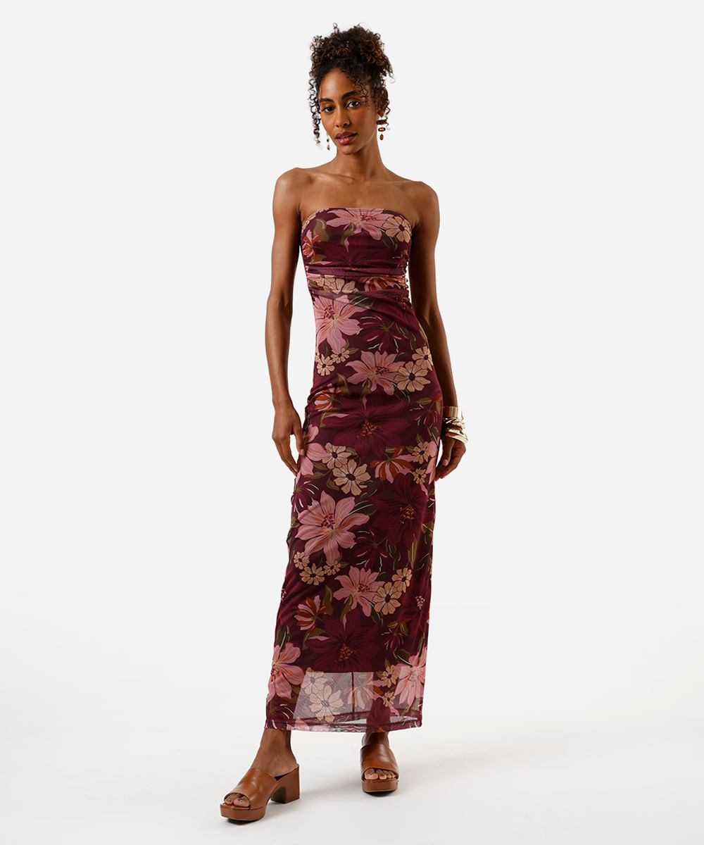 vestido midi feminino de tule sem alça floral franzido vinho