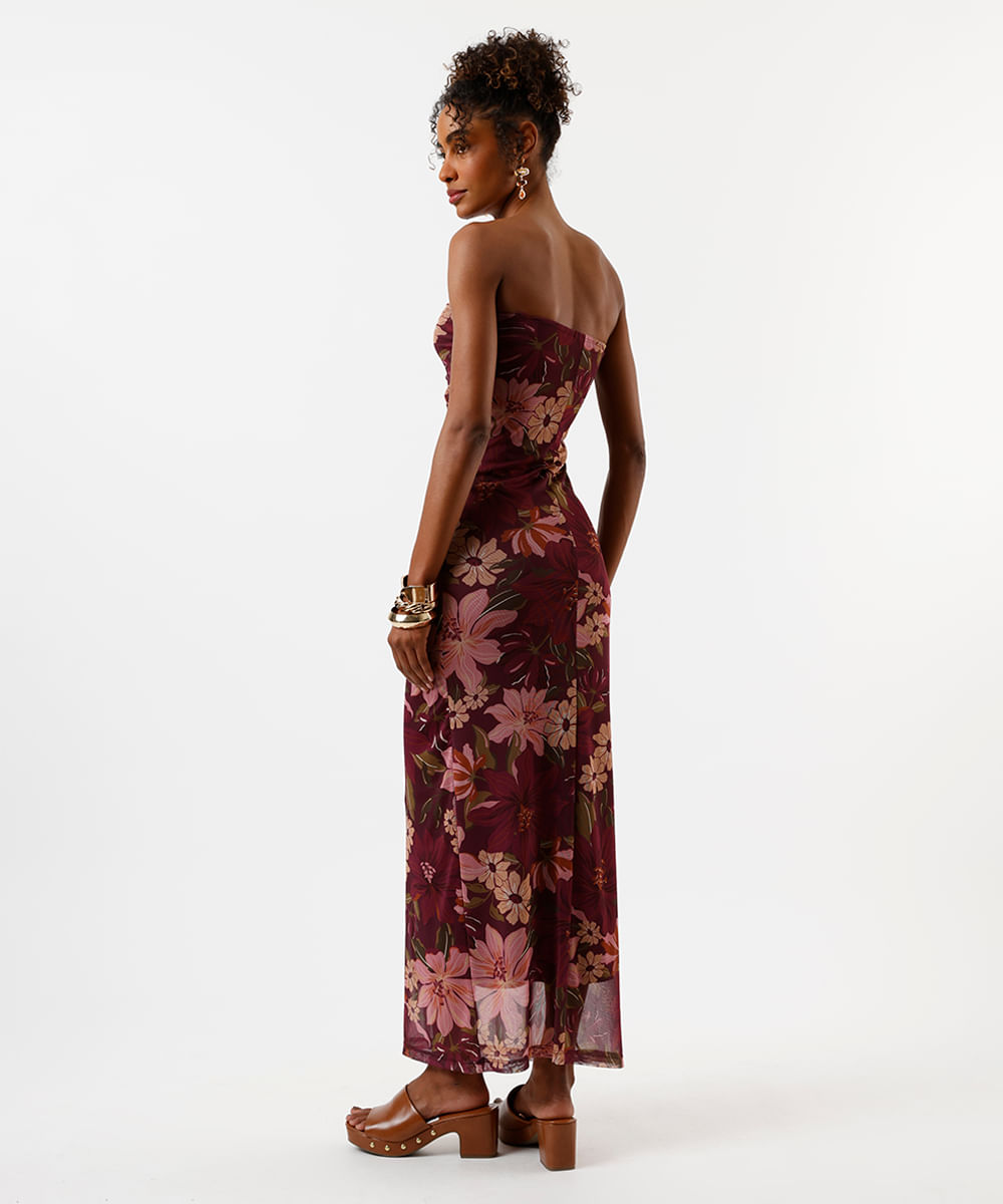 vestido midi feminino de tule sem alça floral franzido vinho