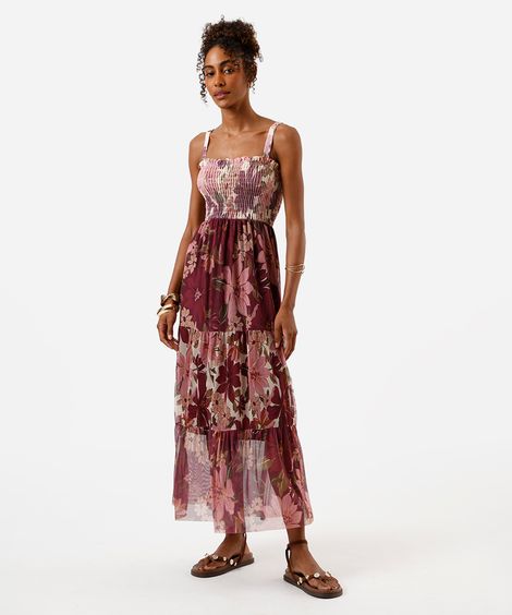 vestido midi feminino de tule com recortes floral vinho