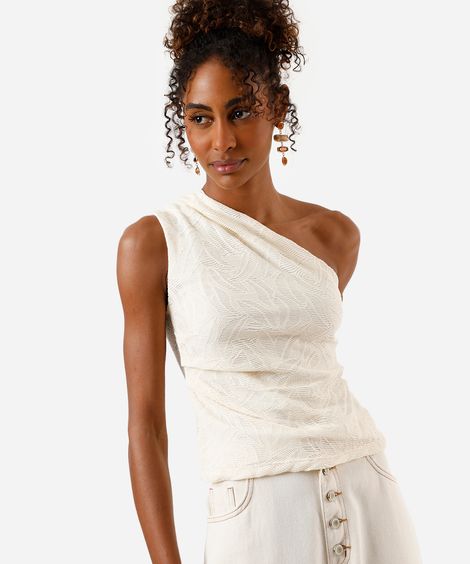 blusa ombro único feminina com pregas folhagens texturizada off white