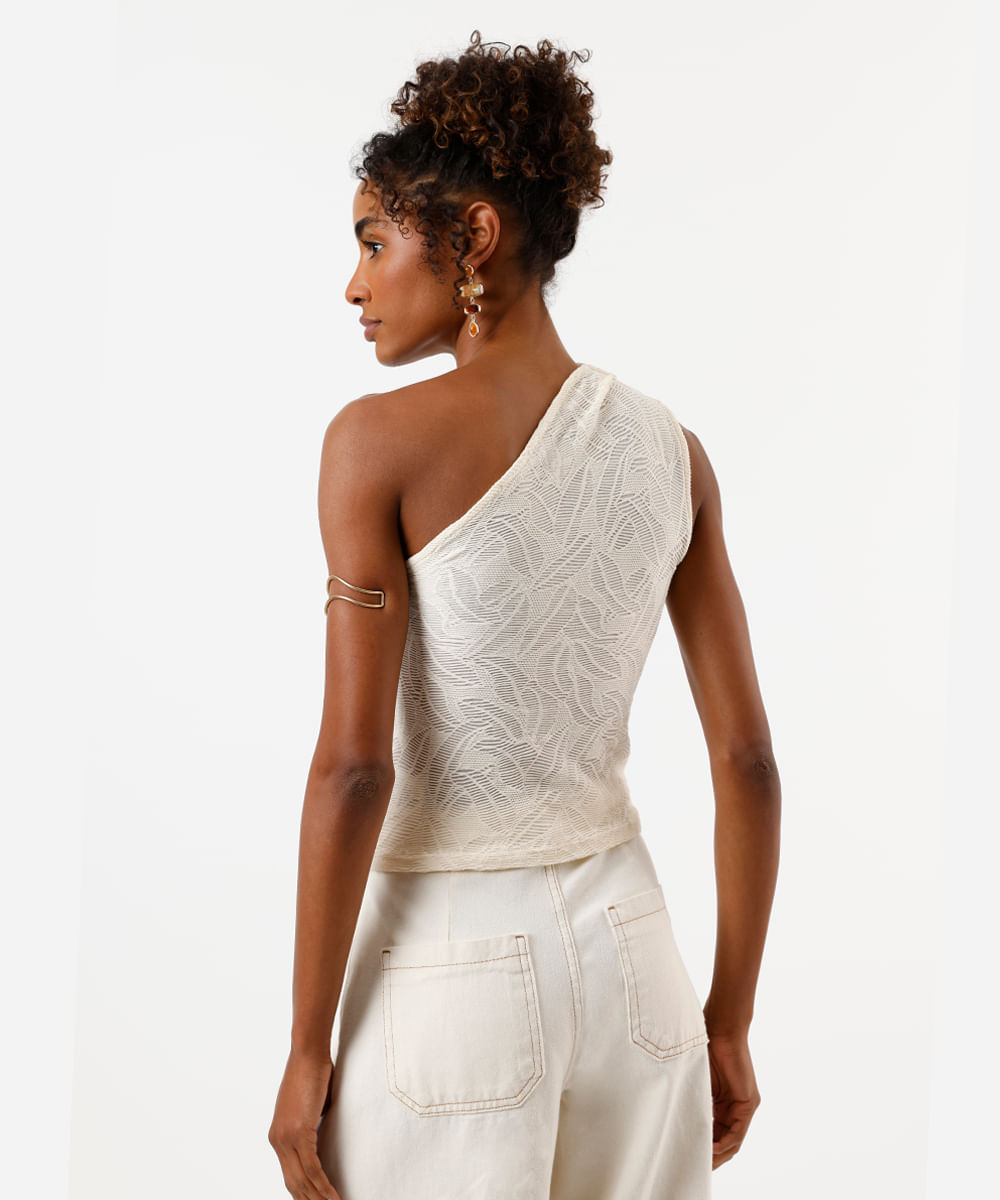 blusa ombro único feminina com pregas folhagens texturizada off white