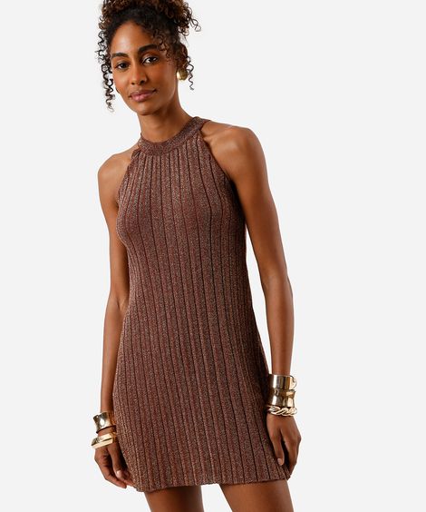 vestido curto feminino halterneck com lurex canelado marrom