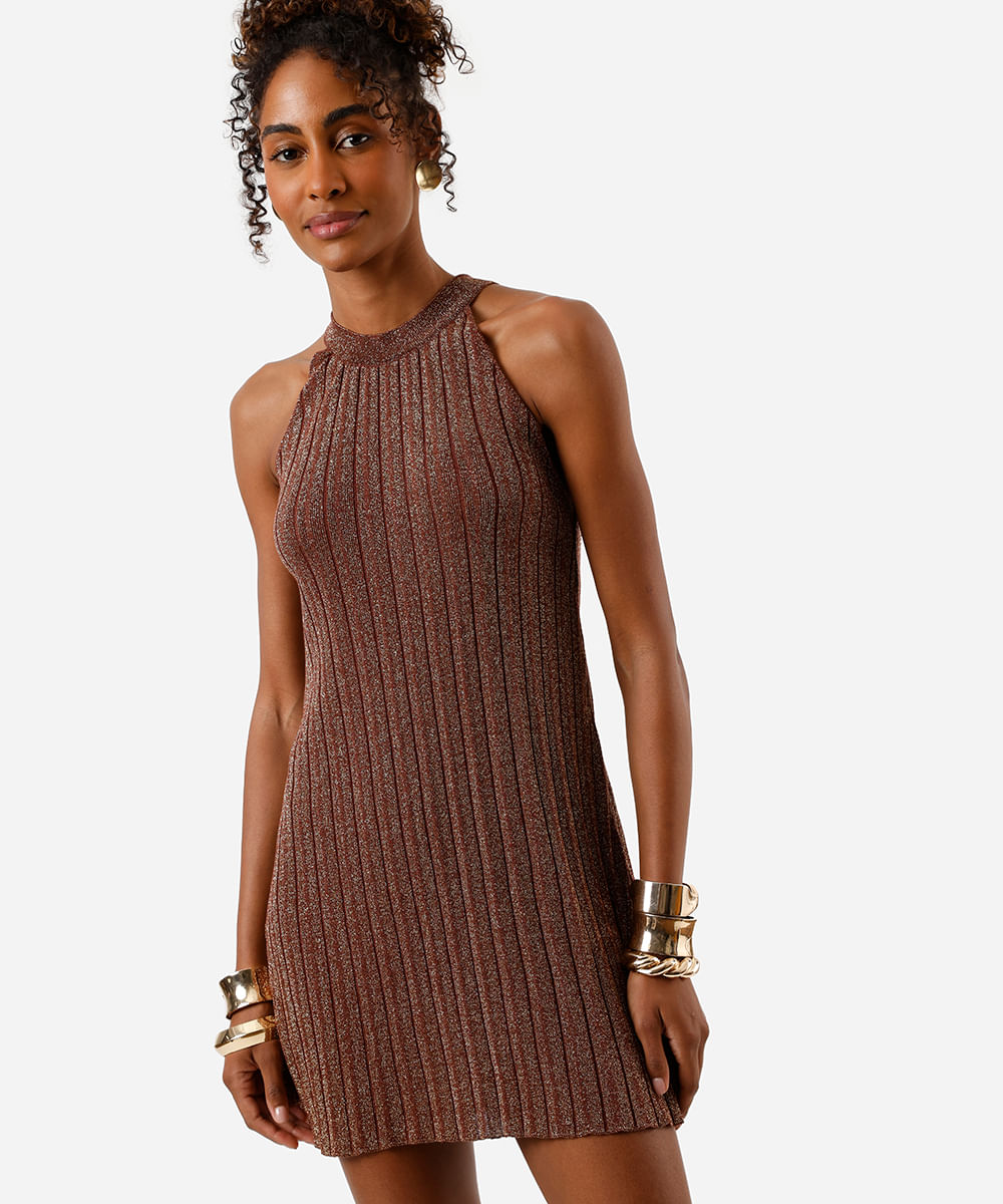 vestido curto feminino halterneck com lurex canelado marrom