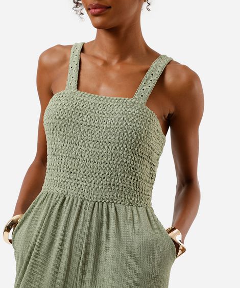 macacão wide leg feminino texturizado com lastex verde