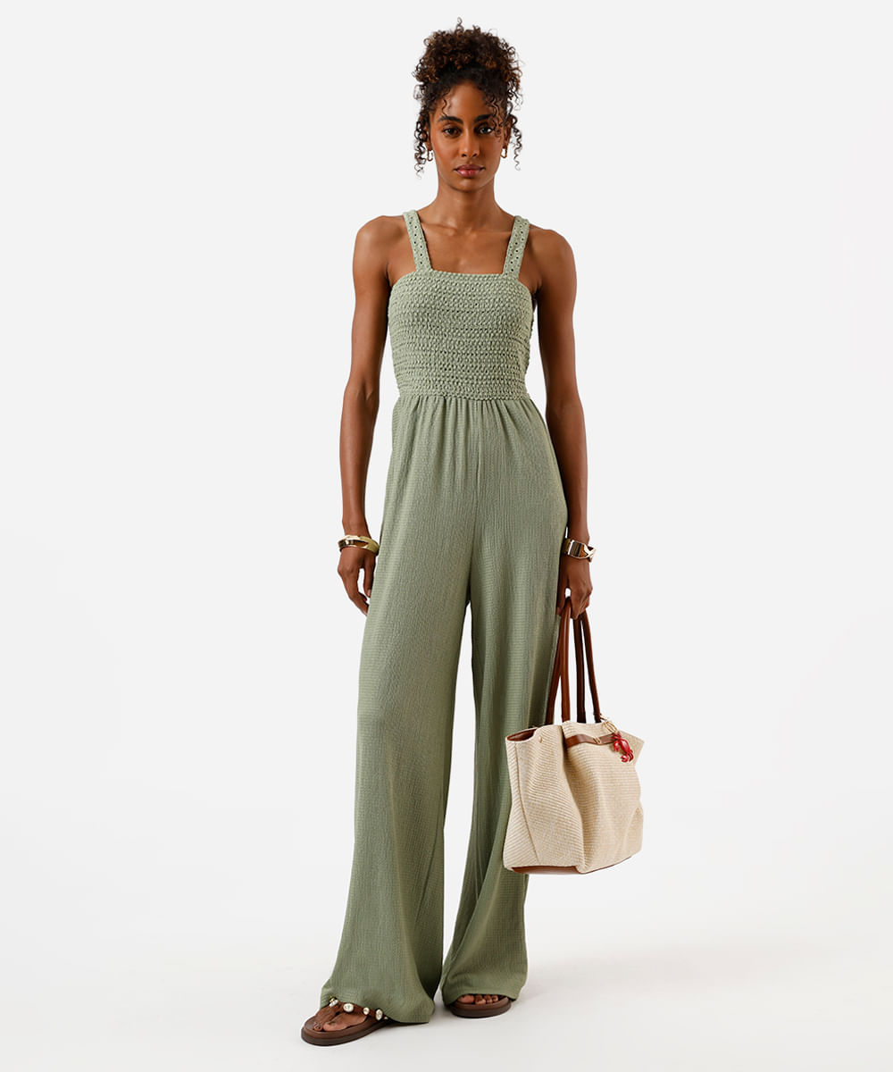 macacão wide leg feminino texturizado com lastex verde