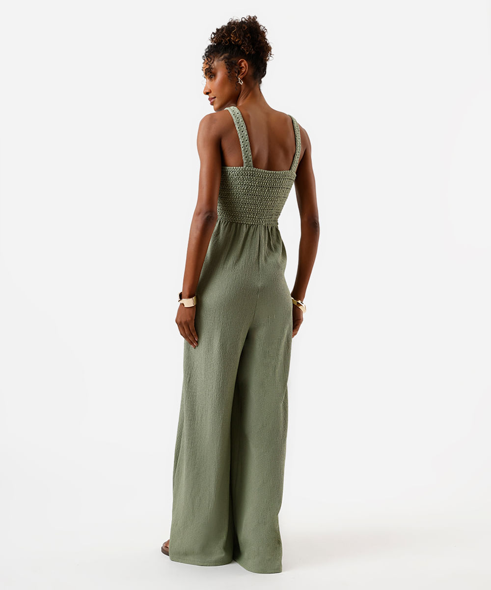 macacão wide leg feminino texturizado com lastex verde